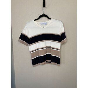 Croft & Barrow Womens Striped Knit Sweater L Rayon tan/black v-neck short sleeve